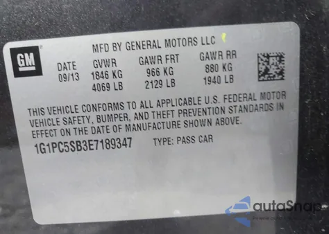 2014 Chevrolet Cruze 1Lt Auto из США, поврежденный, VIN 1G1PC5SB3E7189347